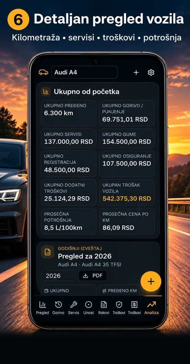 Detaljan pregled vozila sa ukupnim troškovima i godišnjim izveštajem